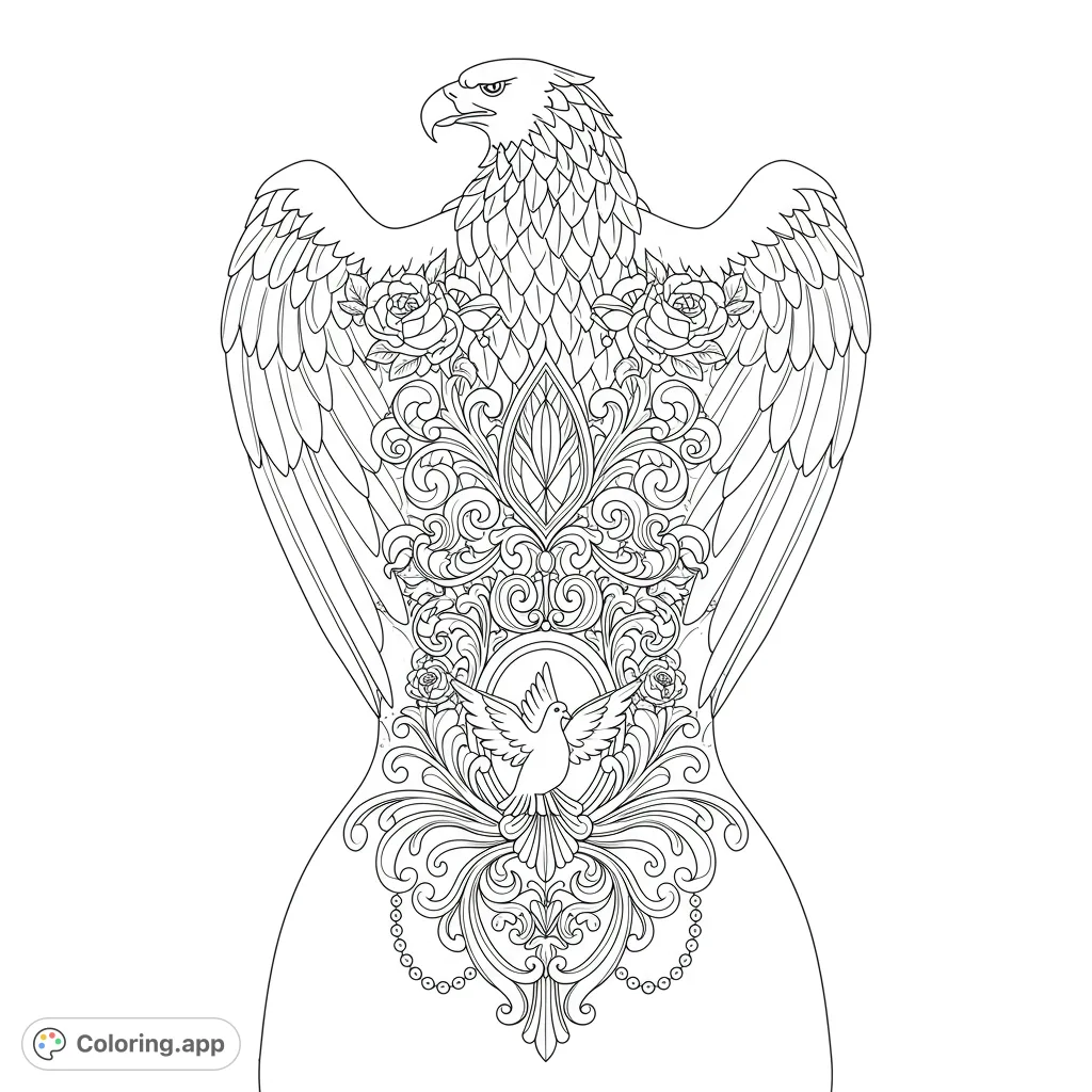 An elegant eagle in repose, surrounded by intricate swirling vines, delicate chains, and a graceful dove, perfect for detailed coloring.