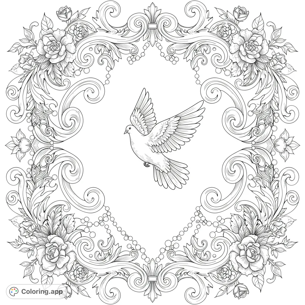 An intricate decorative design featuring a graceful dove, elaborate scrollwork, delicate tendrils, and bead chains, all framed by realistic flowers and leaves.
