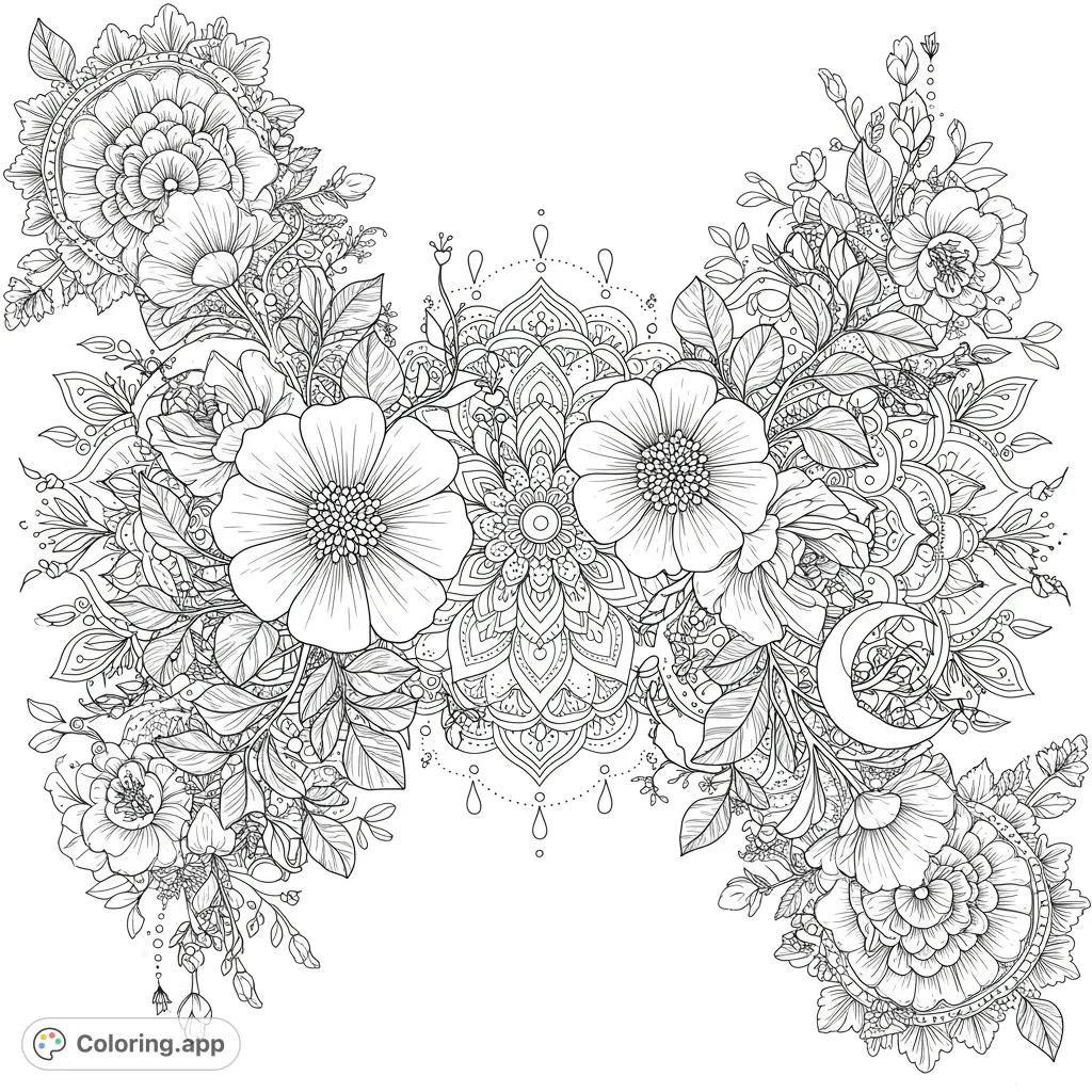 An intricate ornamental design blending realistic blooming flowers, detailed mandala patterns, and celestial elements. A dense tapestry of organic and geometric forms awaits your creative touch.