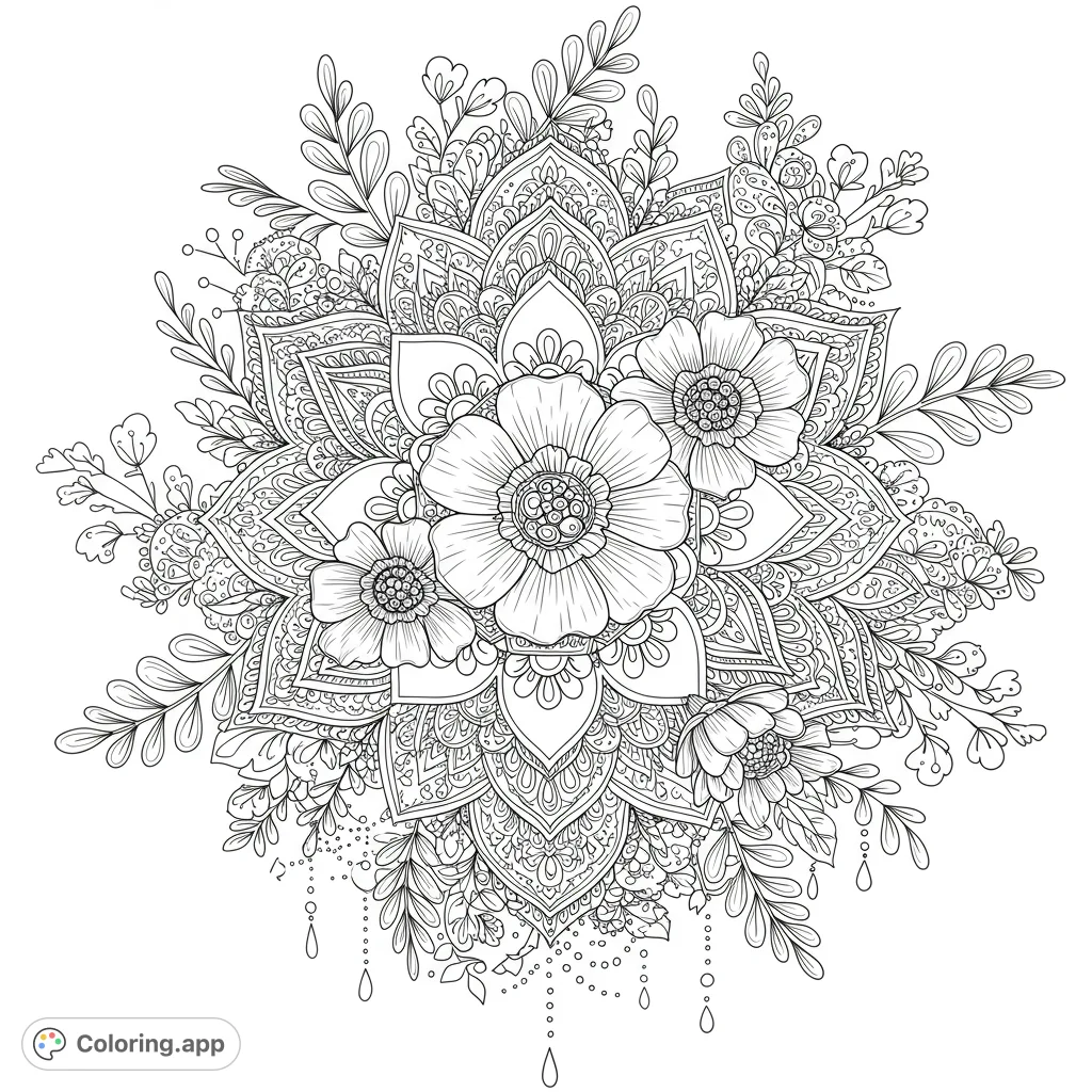 Discover an intricate ornamental floral mandala coloring page, a detailed tapestry of blooming flowers, geometric patterns, and delicate lace motifs.