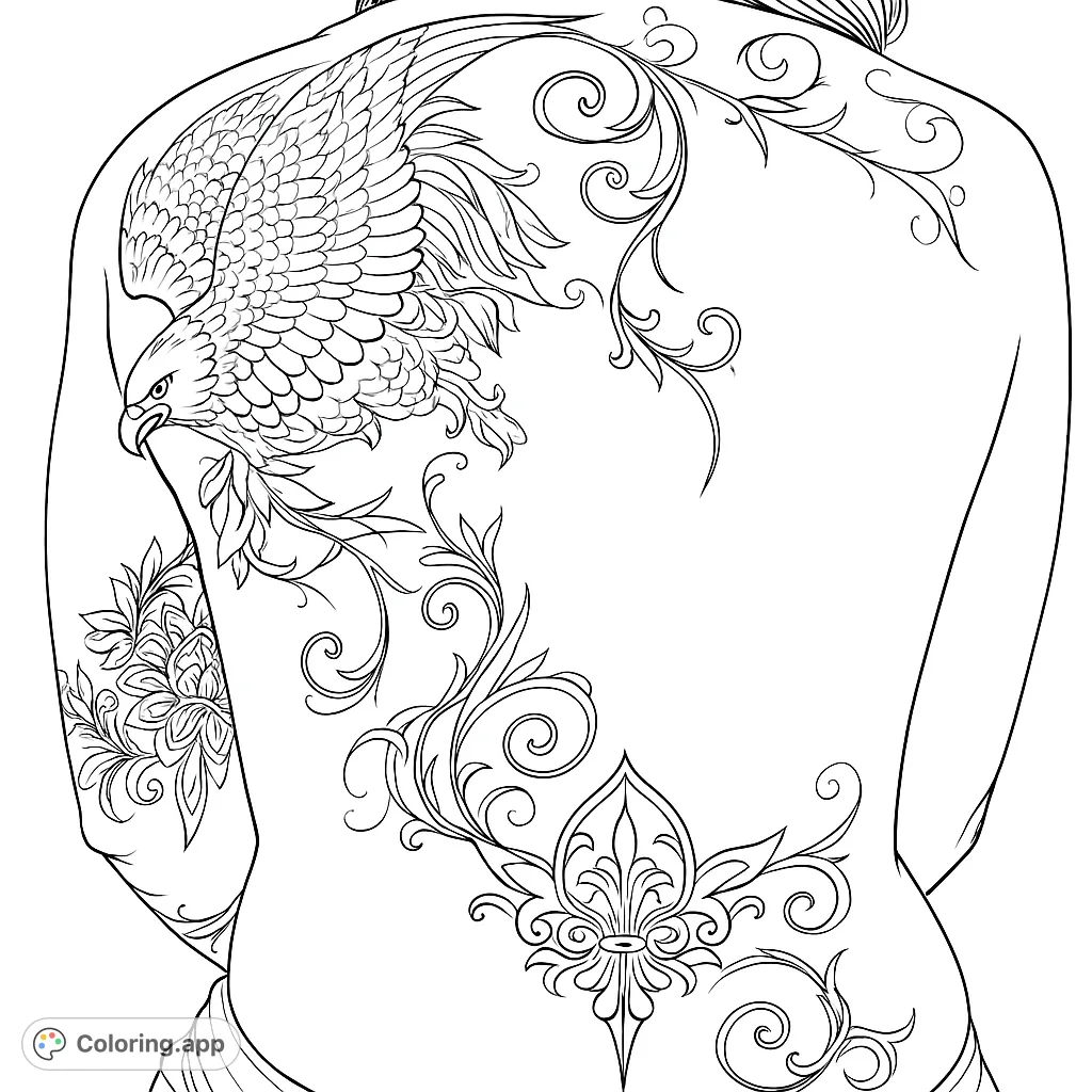 An intricate coloring page featuring a majestic bird with widespread wings, surrounded by elegant swirling patterns and a symmetrical crest design, perfect for detailed coloring.