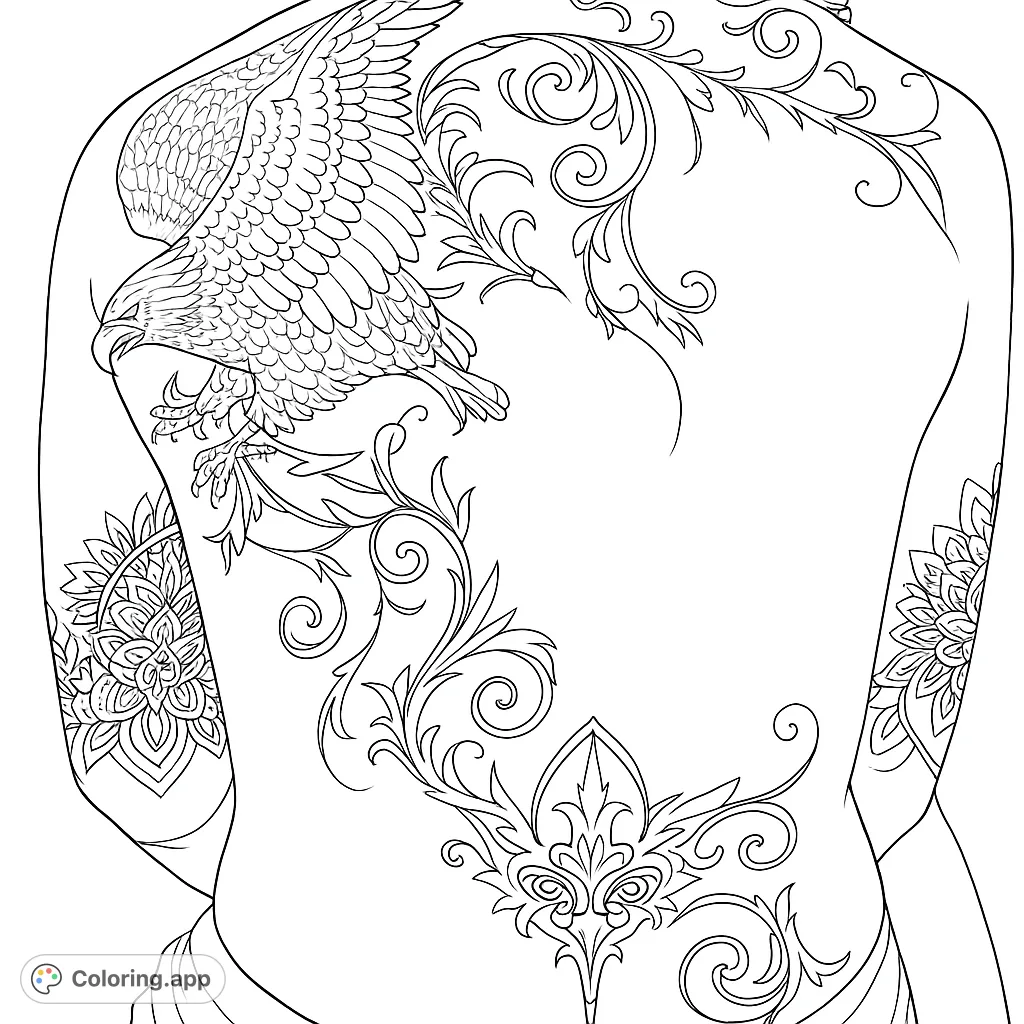 Unleash your creativity with a majestic bird and intricate scrollwork design. A detailed coloring page for all skill levels.