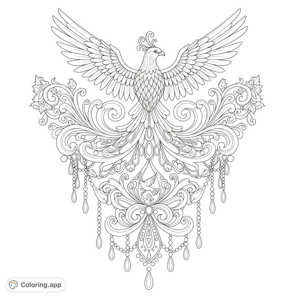 Discover a majestic bird with expansive wings, intricate swirls adorned with jewels, and a graceful dove within a stylized crest. A detailed design for creative expression.