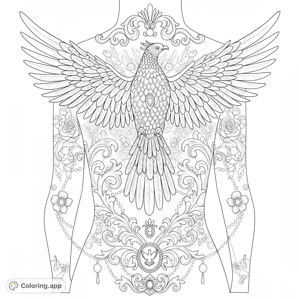 An intricate design featuring a majestic bird with detailed wings, flowing vines, draped chains, and an ornate emblem with a dove, perfect for detailed coloring.