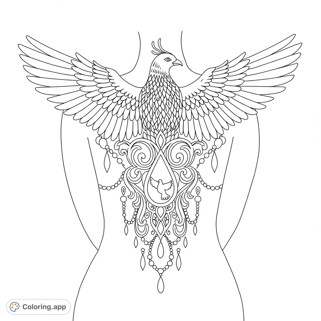 A majestic bird with outstretched wings, intricate swirling patterns, delicate vines, and a crest-like design with a dove, perfect for detailed coloring.