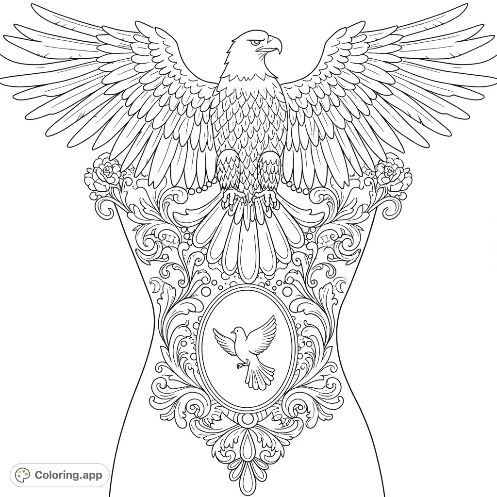 Discover a majestic feminine eagle with outstretched wings, flowing into intricate vine patterns, delicate chains, and a graceful dove motif. A detailed, hand-drawn design.