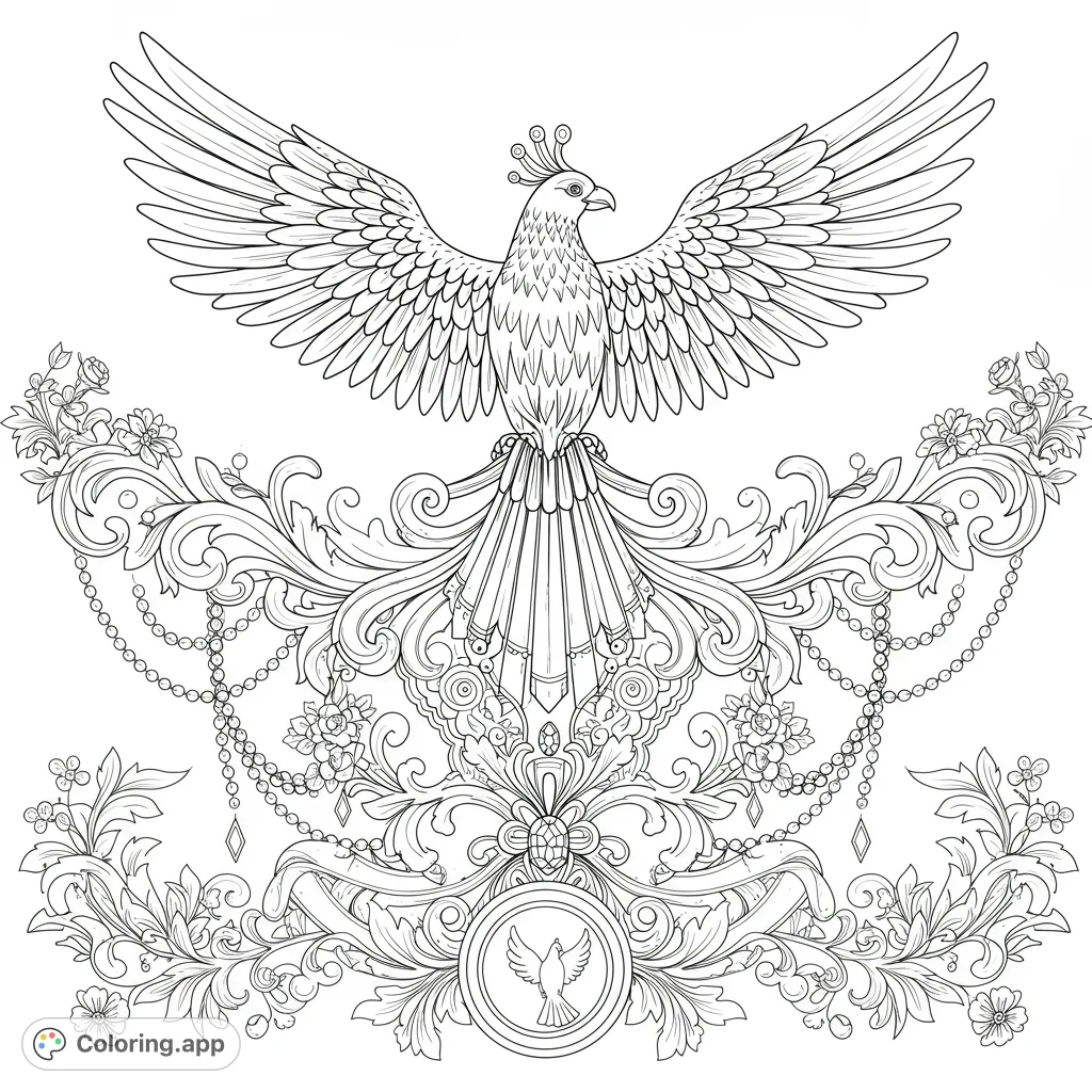 An intricate coloring page featuring a majestic bird with detailed wings, flowing vines, jewels, and an ornate emblem with a dove, surrounded by decorative flowers.