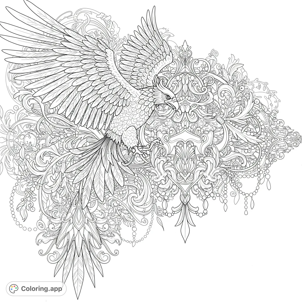Unleash your creativity with this intricate fantasy bird coloring page, featuring a majestic avian creature amidst swirling patterns and a mystical crest.