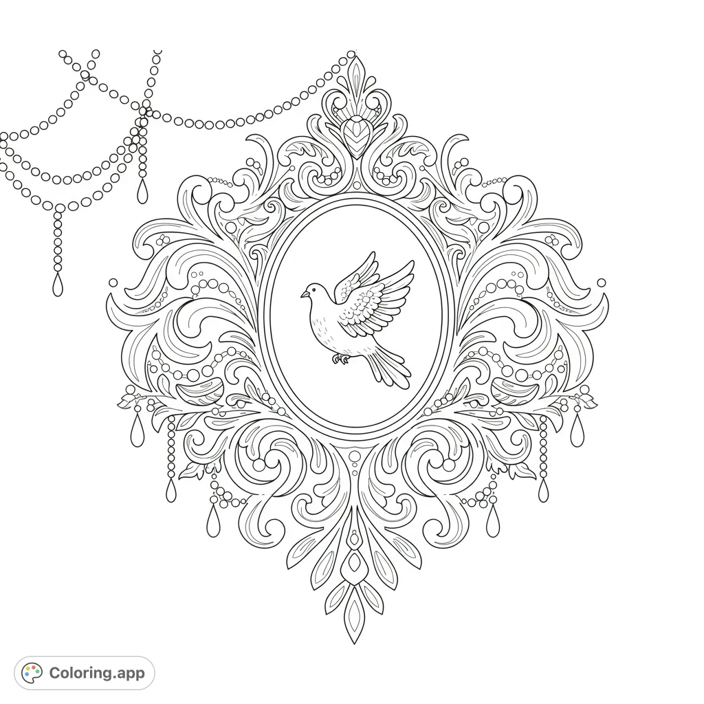 An intricate decorative crest with a central dove, surrounded by elegant swirling tendrils, delicate beads, and wispy lines. Perfect for detailed coloring.