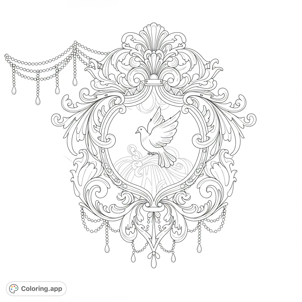 Discover an intricate decorative crest featuring a graceful dove, swirling tendrils, and delicate beaded chains. A detailed design for mindful coloring.