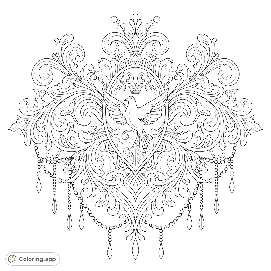 Discover an intricate ornate design featuring a central pendant with a graceful dove, surrounded by elegant swirling tendrils and delicate beaded garlands.