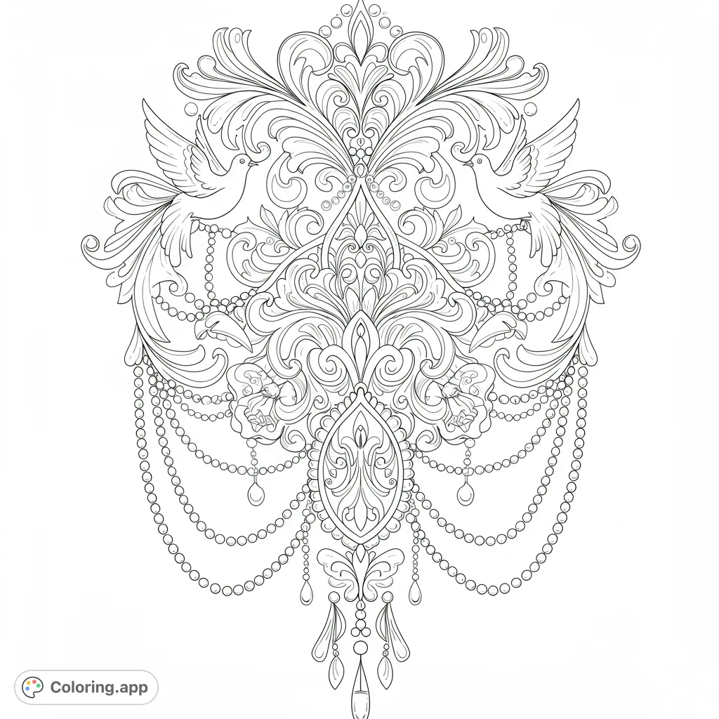 Discover an intricate decorative design featuring a central ornate pendant, graceful doves, swirling tendrils, and bead chains, framed by floral patterns.
