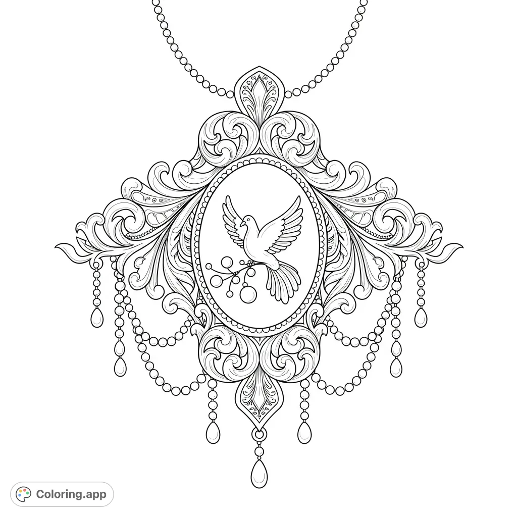 Discover an intricate decorative design featuring a central ornate pendant with a graceful dove, surrounded by delicate tendrils and bead chains.