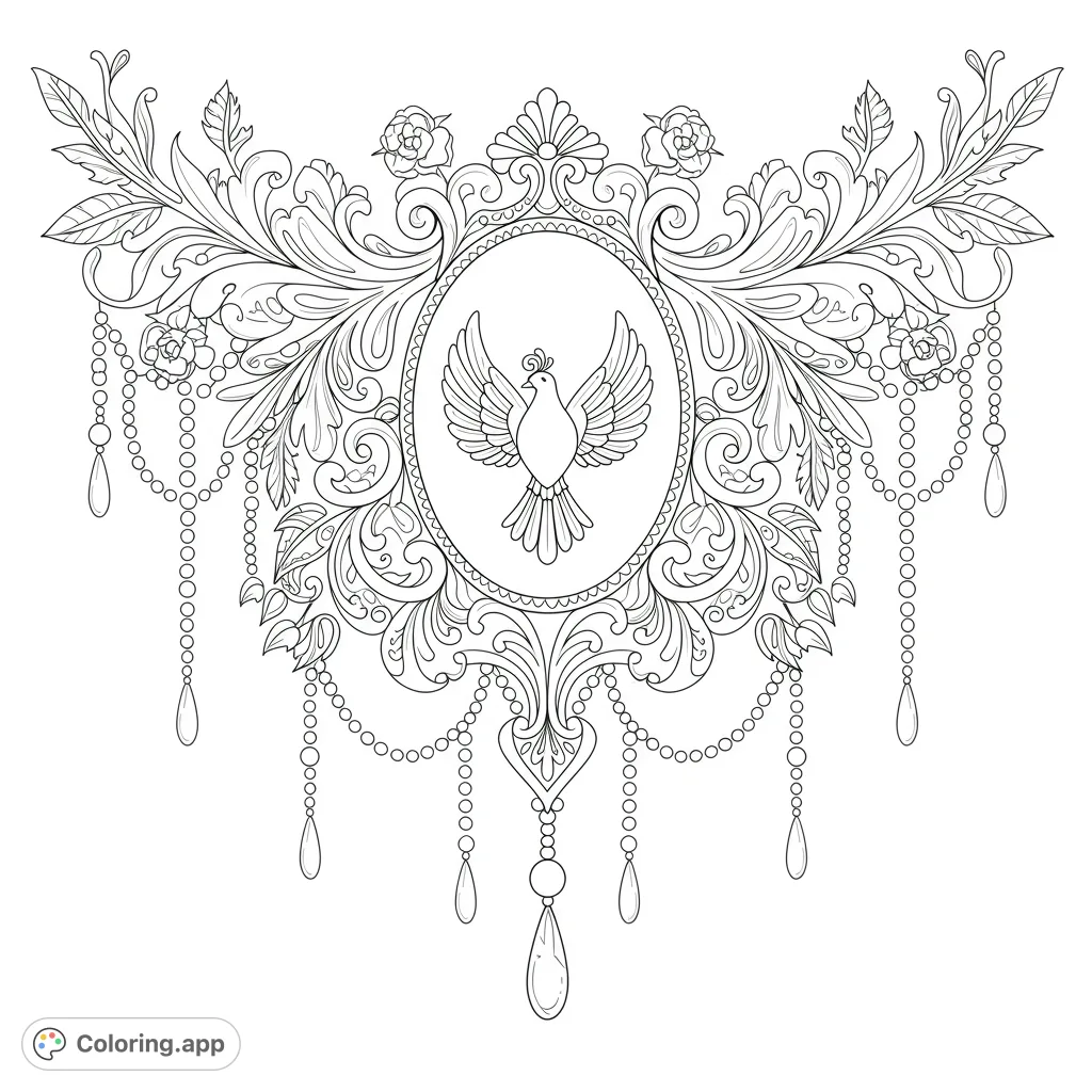 An intricate decorative design featuring a central dove pendant, surrounded by elegant scrollwork, delicate tendrils, and bead chains, all framed by floral borders.