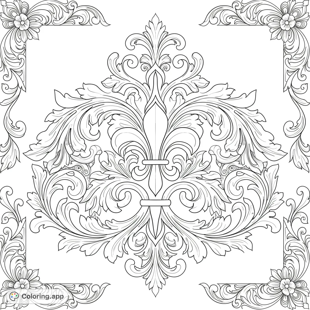 An intricate, symmetrical fleur-de-lis design with elaborate scrollwork and floral motifs, framed by decorative elements. Perfect for detailed coloring.
