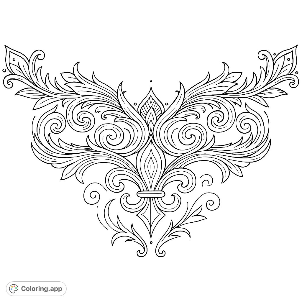 An intricate ornate crest featuring a central fleur-de-lis and elaborate swirling foliage, perfect for detailed coloring and artistic expression.