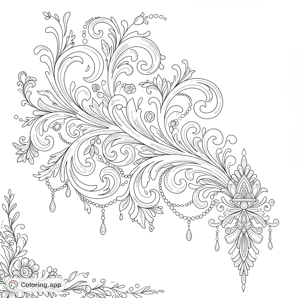 Discover an intricate decorative design with swirling vines, delicate leaves, and an ornate finial, perfect for detailed coloring.
