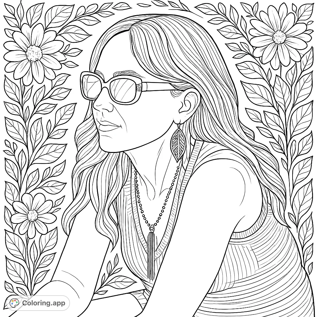 An intricate coloring page featuring a woman in sunglasses and a detailed necklace, surrounded by decorative floral patterns. Perfect for realistic coloring.