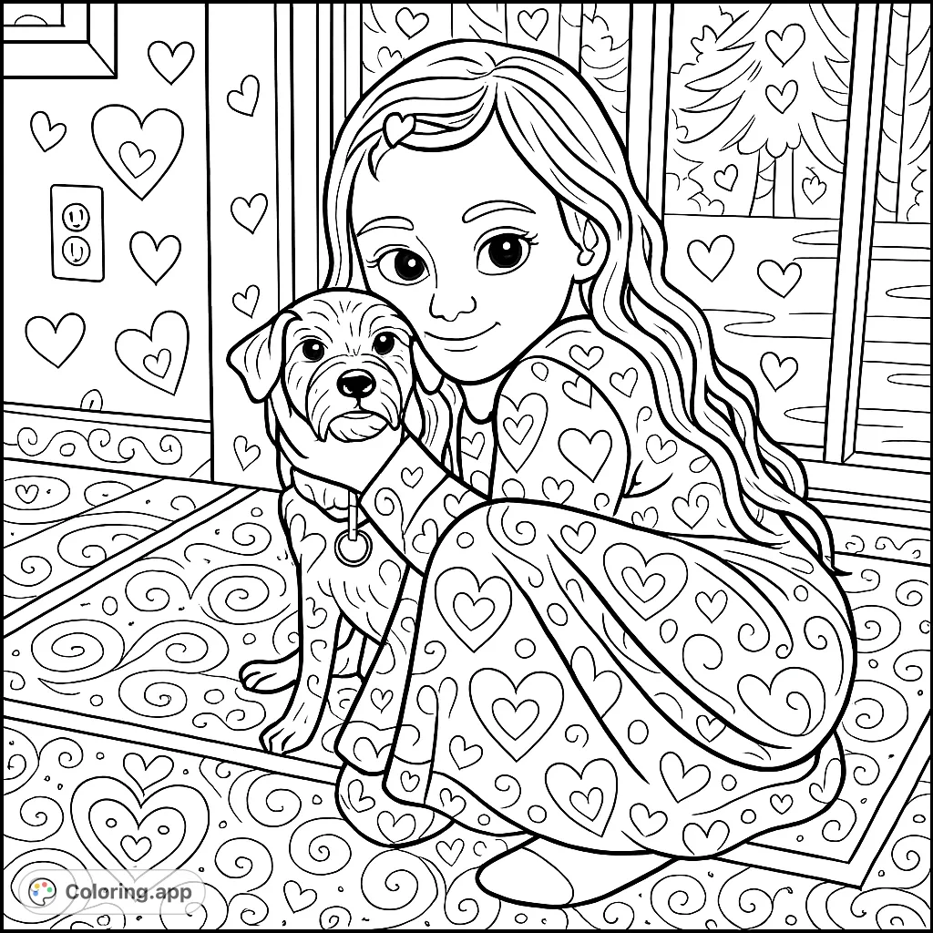 A heartwarming pet coloring page featuring a child hugging their beloved dog, designed in a charming storybook style with intricate heart patterns.
