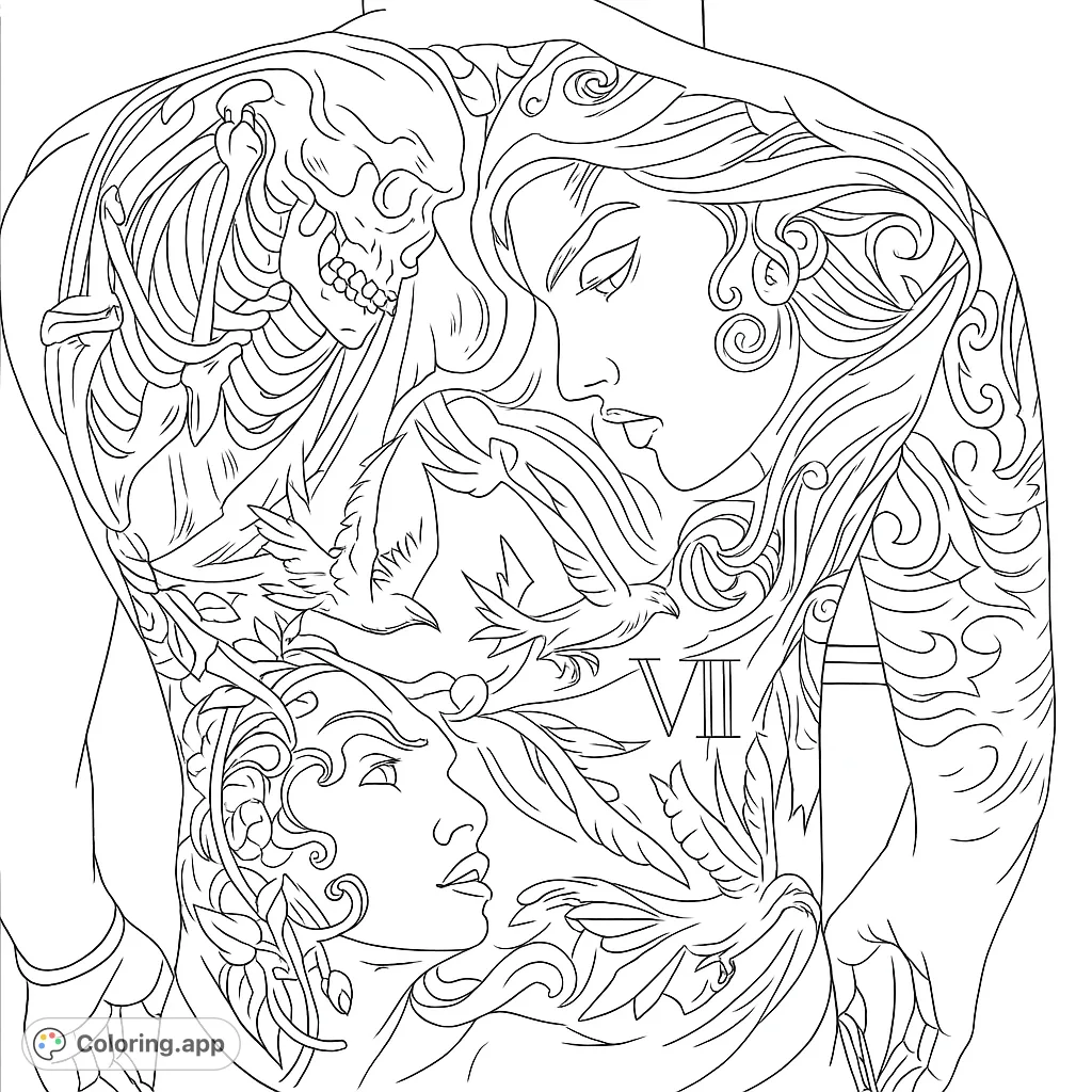 Explore a complex gothic fantasy coloring page featuring skeletal figures, elegant faces, birds, and symbolic elements, perfect for detailed artistic expression.