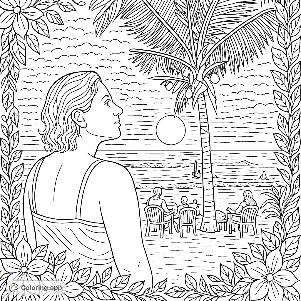 Capture the tranquil beauty of a tropical sunset. This intricate coloring page features a serene beach scene with a person, palm tree, and ocean vista, perfect for relaxation.