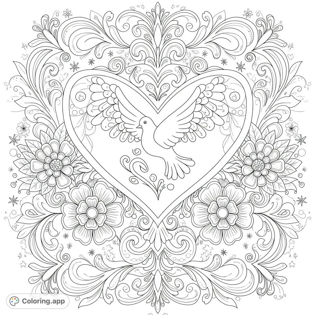 An ornate heart with feathered wings, a dove, and intricate flowers, vines, and stars, framed by decorative borders. A highly detailed design.