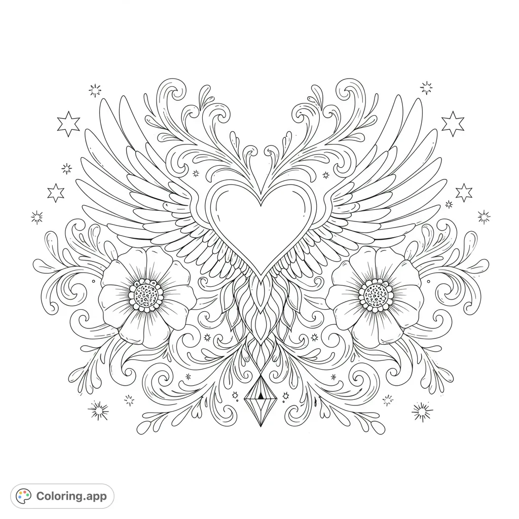 An ornate winged heart adorned with detailed flowers, swirling vines, and scattered stars, perfect for a captivating coloring experience.