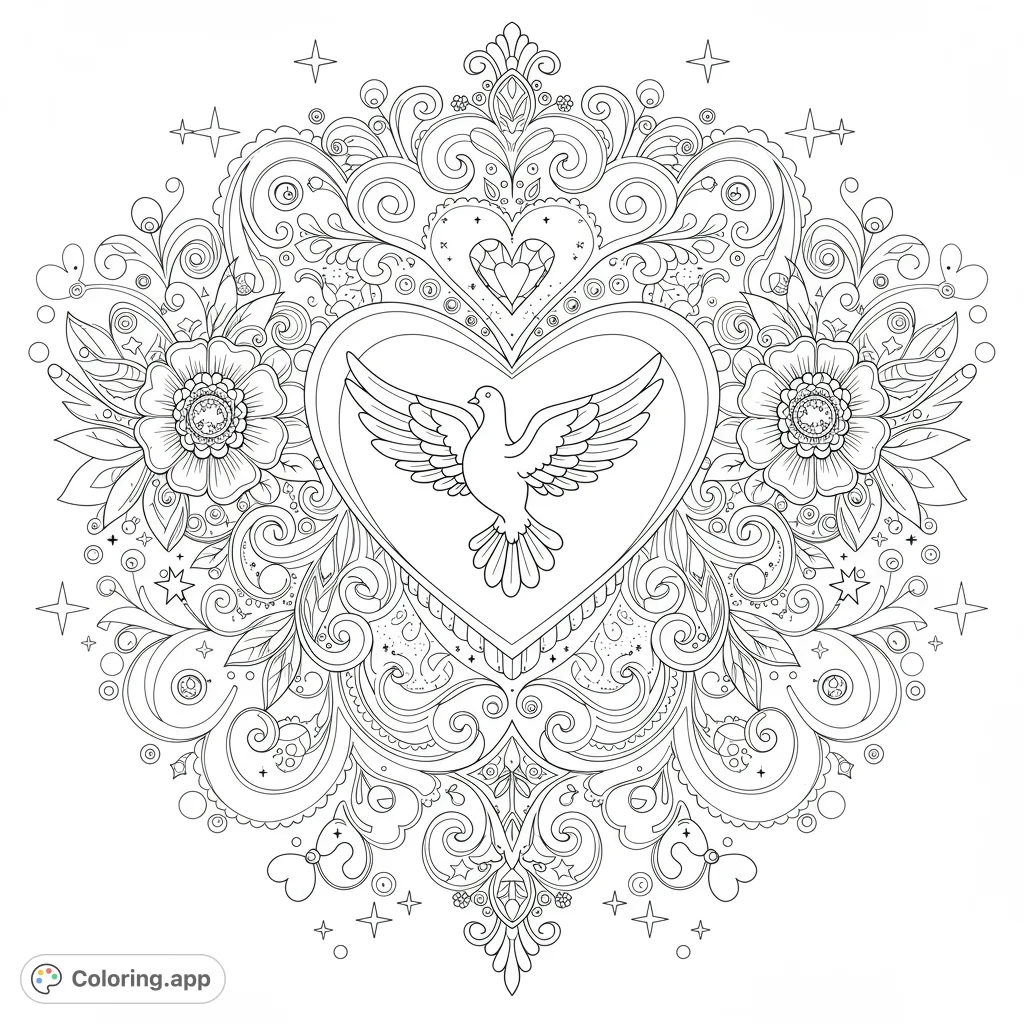 An intricate heart with feathered wings, a dove, and ornate flowers, surrounded by swirling vines, jewels, stars, and a decorative floral border.