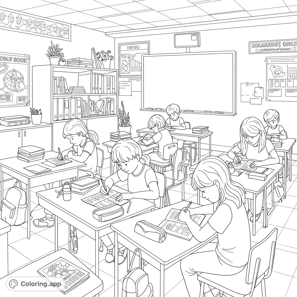 Color a lively classroom scene featuring students diligently writing at their desks. A perfect free printable coloring page for young learners.