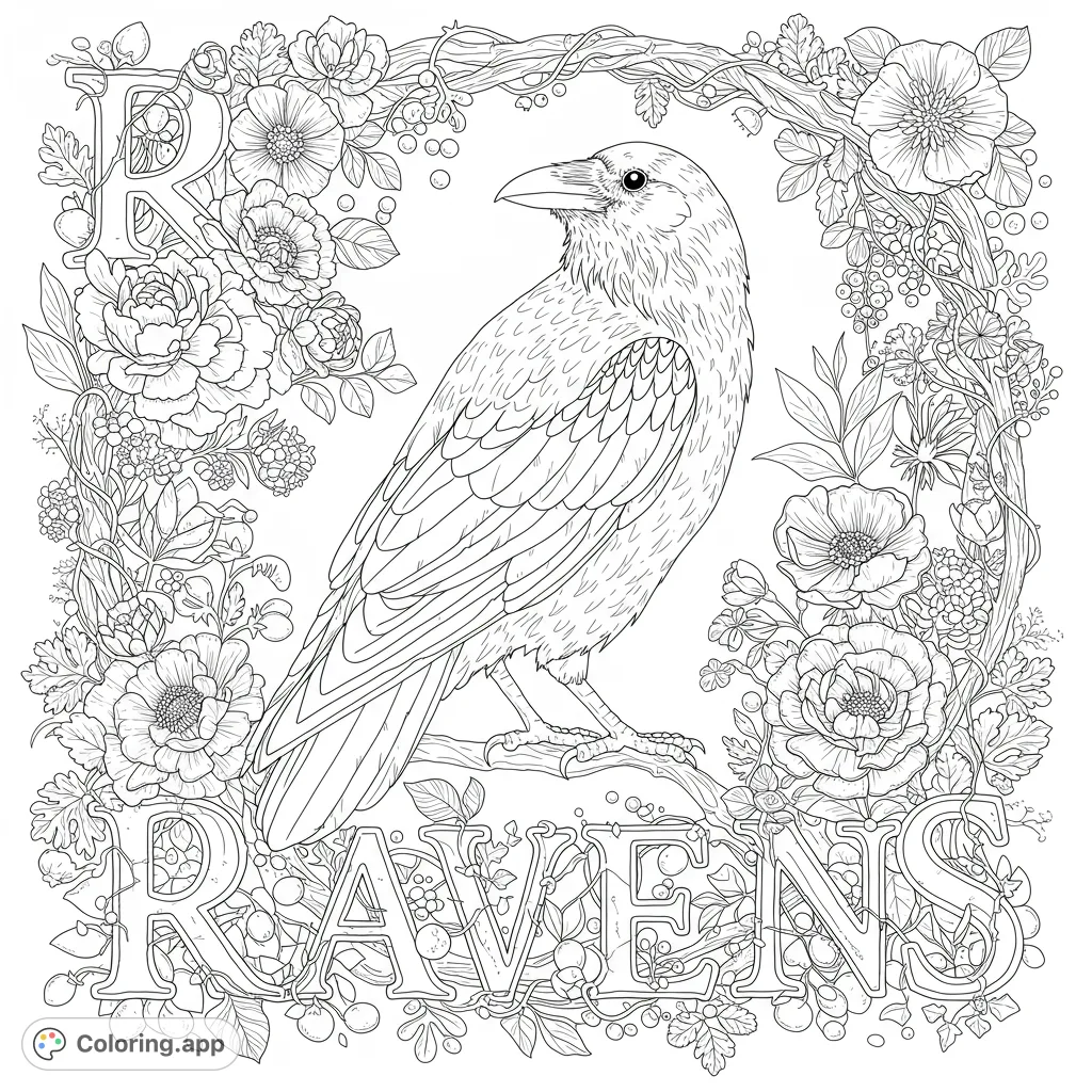 A striking raven surrounded by intricate flowers and the word "RAVENS" entwined in a detailed, natural design. Perfect for nature and bird enthusiasts.