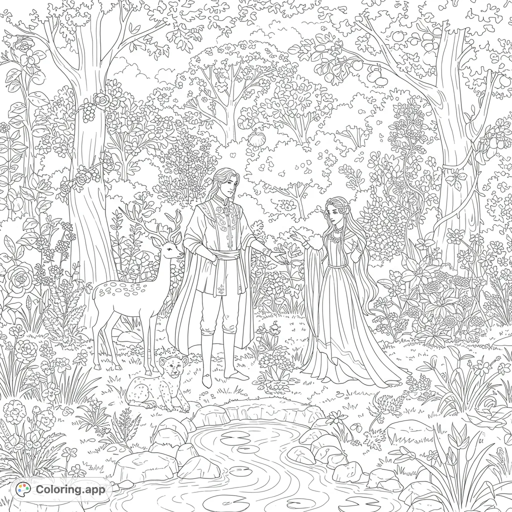 Discover Adam and Eve in a lush, detailed garden with exotic flora, a winding stream, and peaceful animals. A captivating scene for mindful coloring.