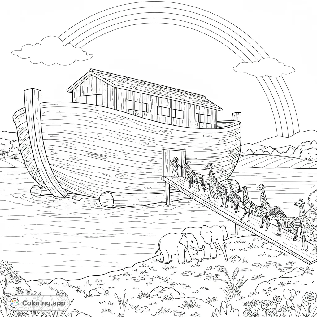 A majestic wooden ark floats on calm waters, with pairs of animals like elephants and giraffes ascending a ramp towards its entrance under a grand rainbow. Perfect for a peaceful coloring experience.