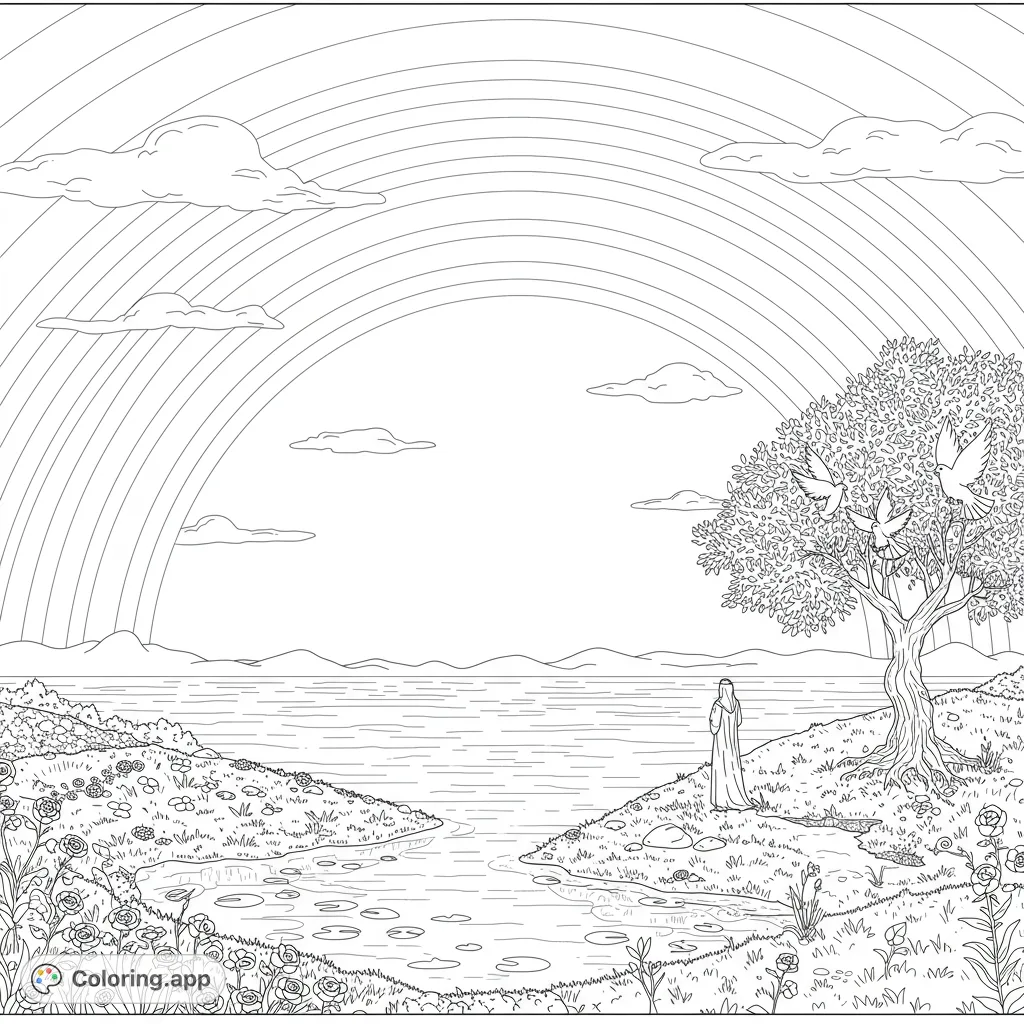 Discover a peaceful landscape with a majestic sky arching over tranquil waters. A lone figure, doves, and new vegetation invite serene coloring.