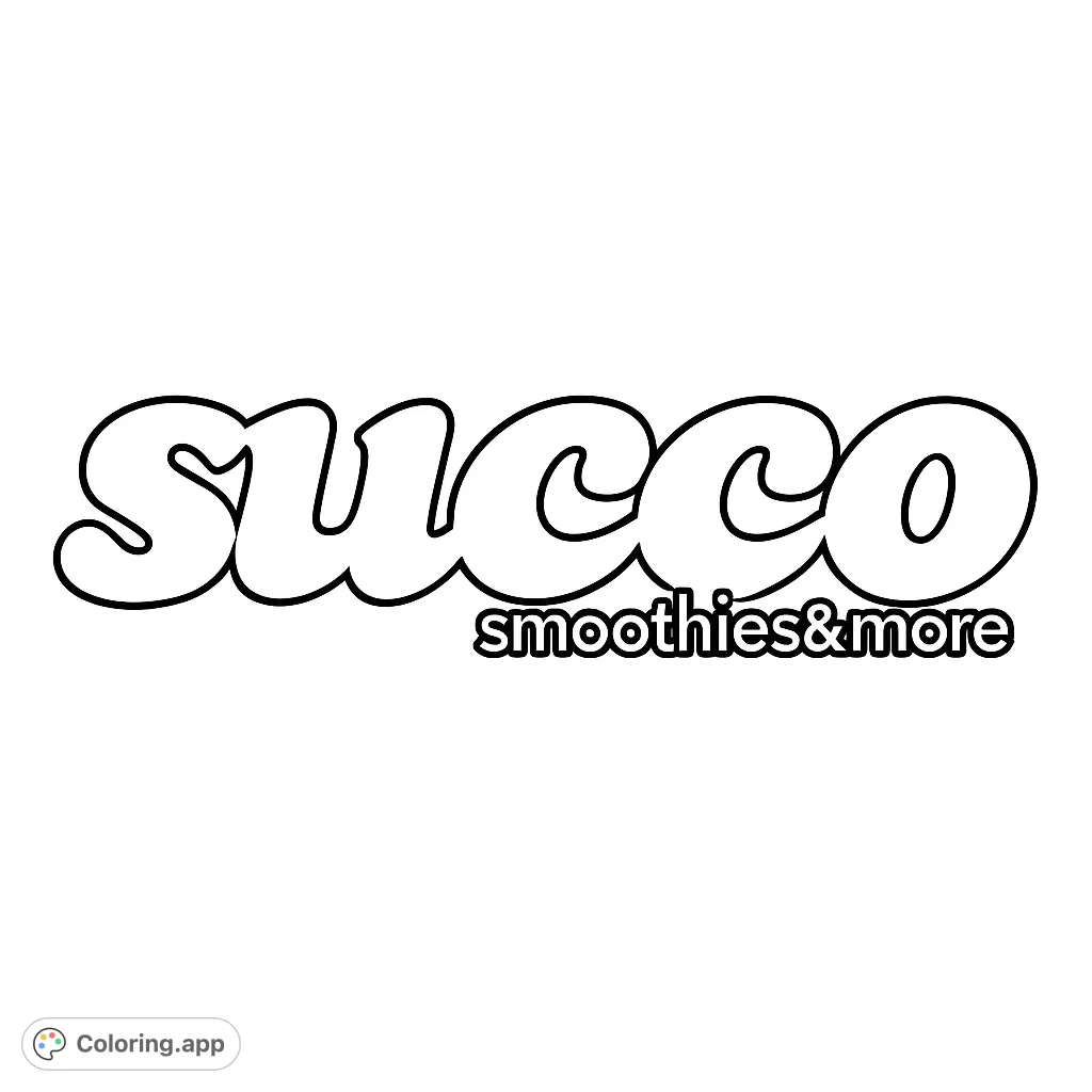 Color a fun, bubbly 'succo' logo with 'smoothies & more' text. A simple and engaging design perfect for all ages to personalize.