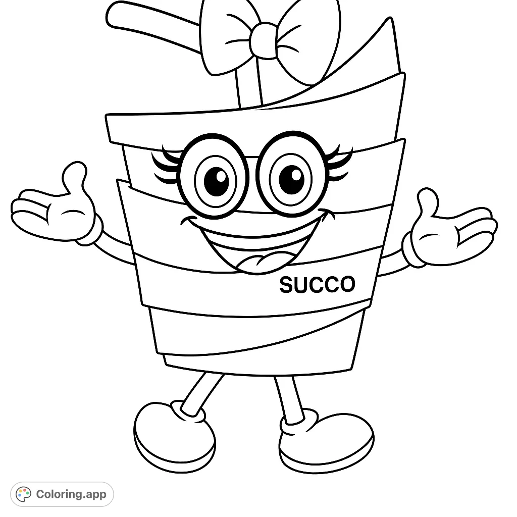A cheerful drink cup character with a friendly smile, arms, and legs, featuring distinct horizontal stripes and a decorative bow.