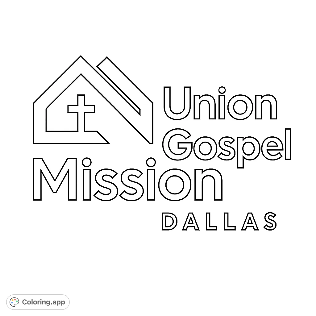 Color a meaningful emblem featuring a stylized house with a cross and mission text. A simple yet impactful design for all ages.