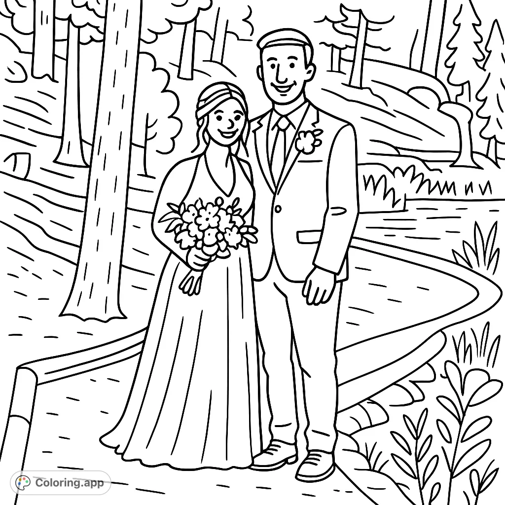 Celebrate love with this charming wedding couple coloring page. Featuring a happy bride and groom in a serene forest setting, perfect for romantic coloring.