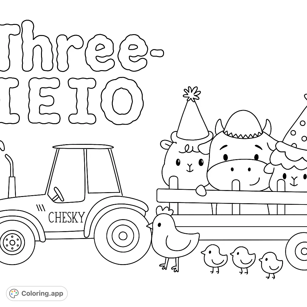 Join a joyful farm animal party! A tractor pulls a wagon with festive animals, a chicken, and chicks, perfect for a fun coloring adventure.