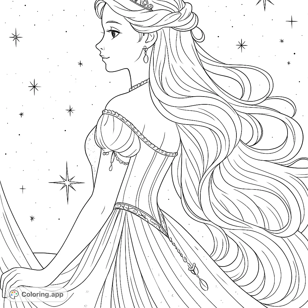 A beautiful princess with flowing hair and an elaborate gown under a starry night sky. Perfect for fantasy lovers and detailed coloring.