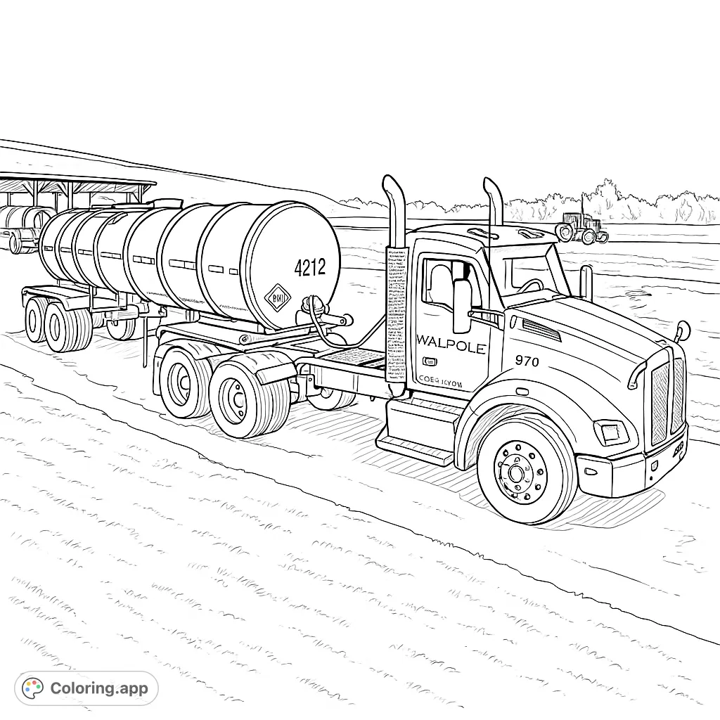 Color a powerful semi-truck pulling a massive tanker trailer on a winding road, set against an industrial backdrop. Perfect for vehicle enthusiasts!