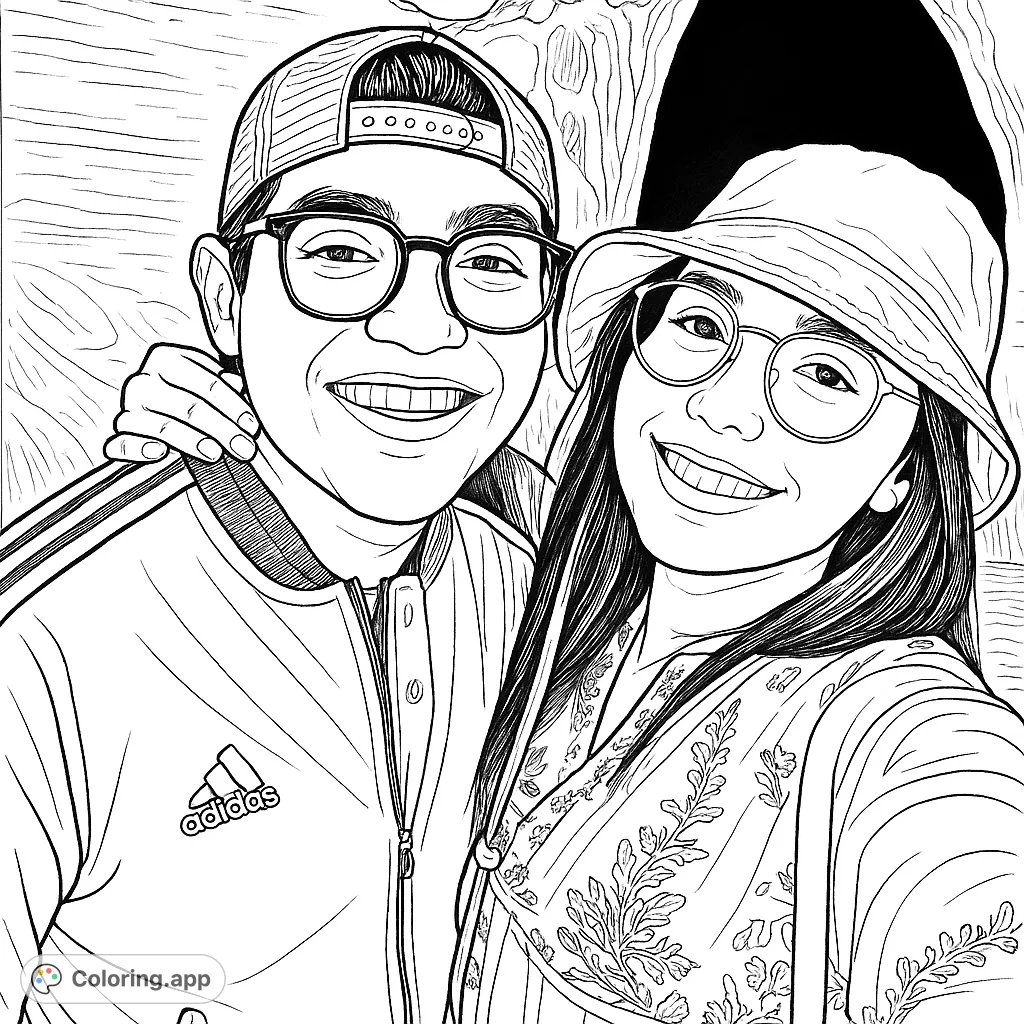 A heartwarming portrait of a smiling couple, perfect for a romantic coloring page. Features detailed clothing and a textured background.