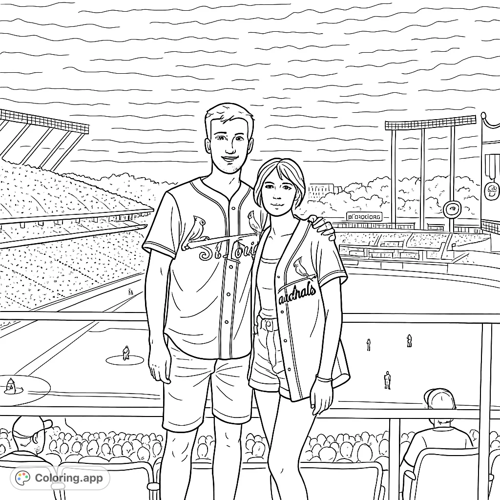 A couple enjoys a baseball game from stadium seats, with a detailed view of the field, stands, and scoreboard, perfect for sports fans.