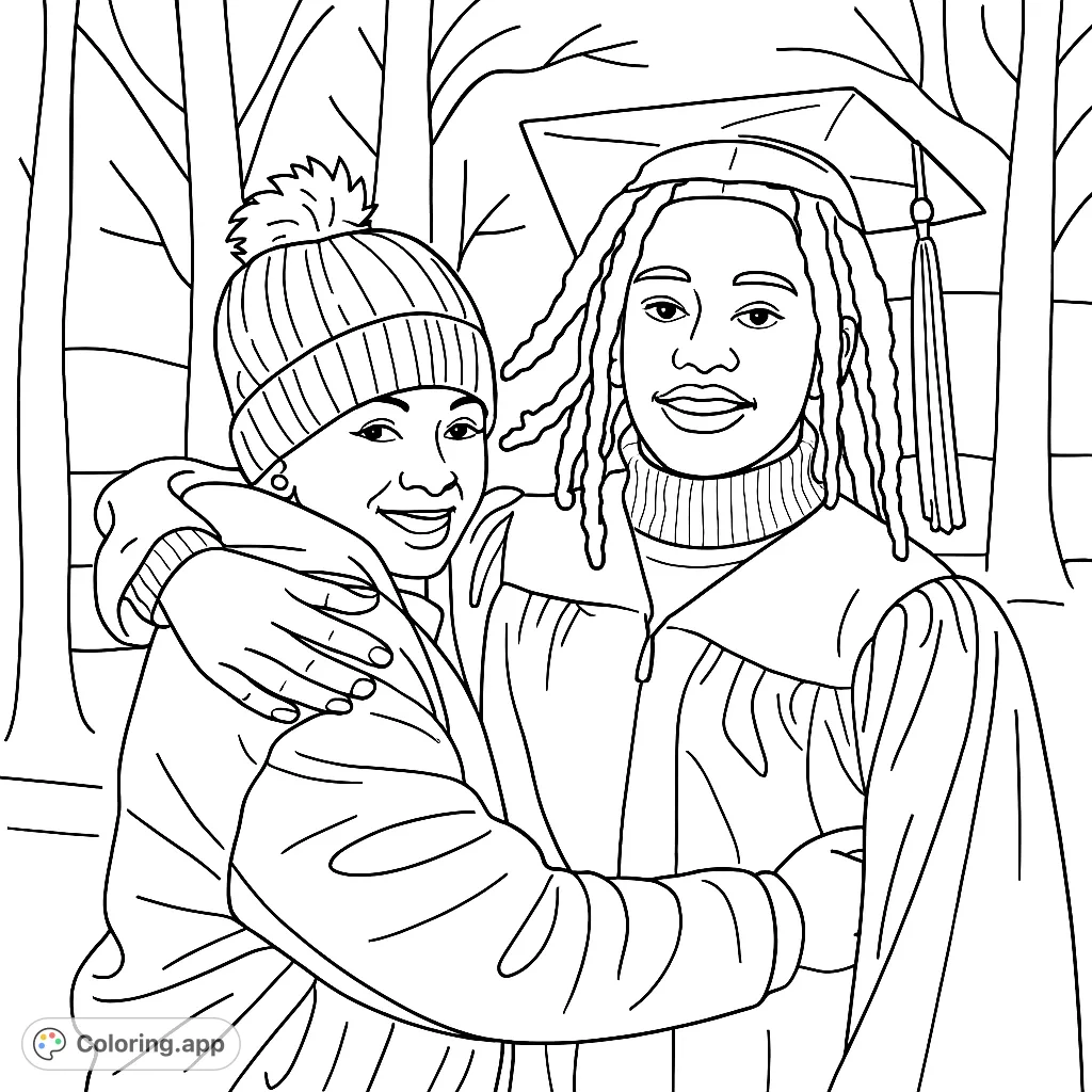 Celebrate a special graduation moment with this heartwarming coloring page featuring a proud graduate and their loved one.