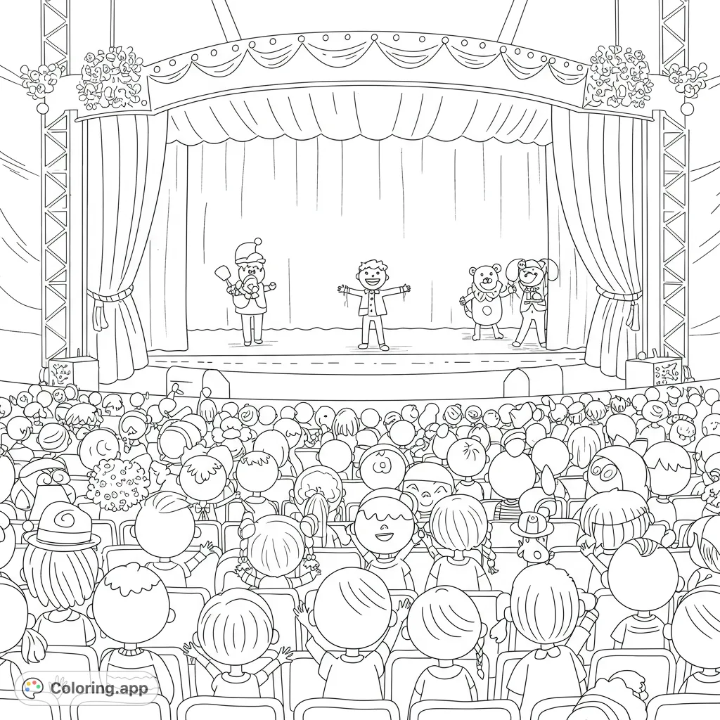 A cheerful audience of kids and animals in hats eagerly awaits a show, with a grand stage and partially open curtain in the background.