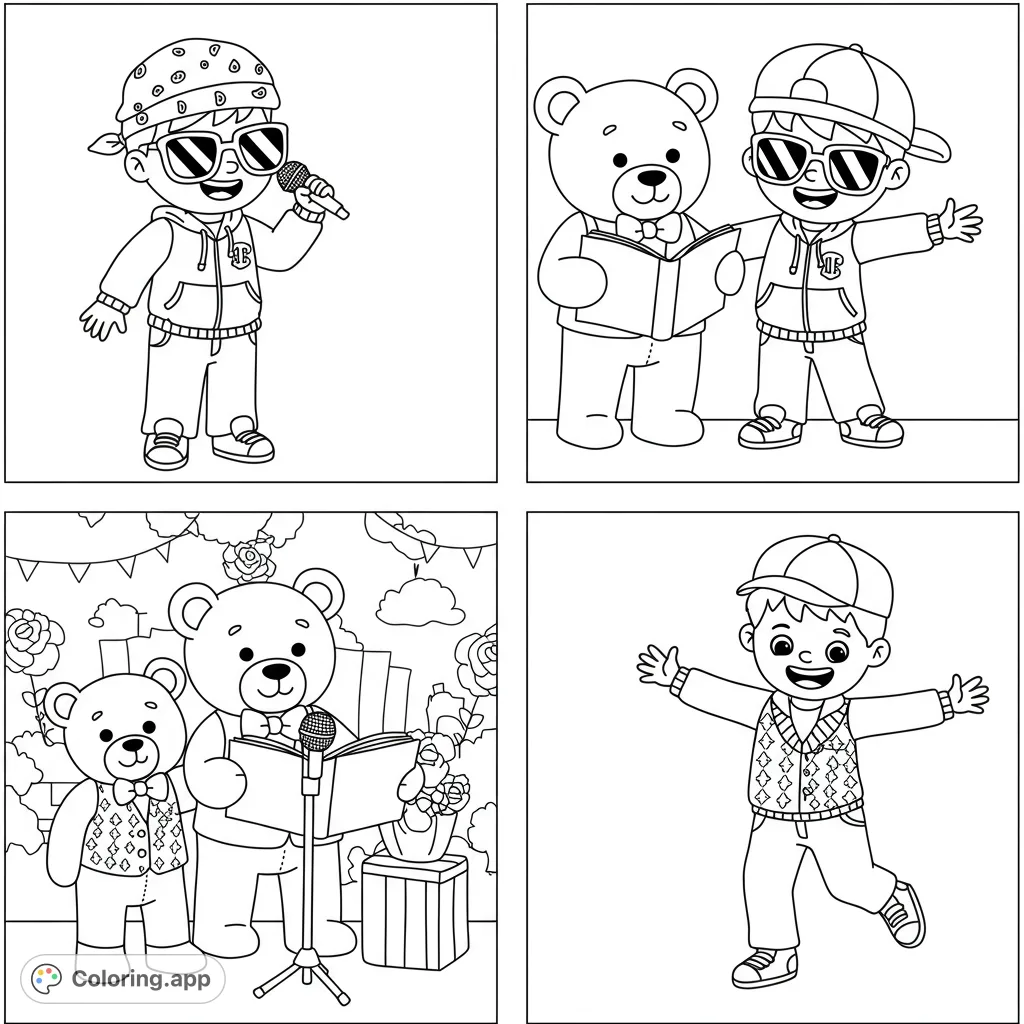 A delightful performance coloring page featuring a boy and his teddy bear rapping, reading poetry, and dancing. A free printable coloring page for kids!