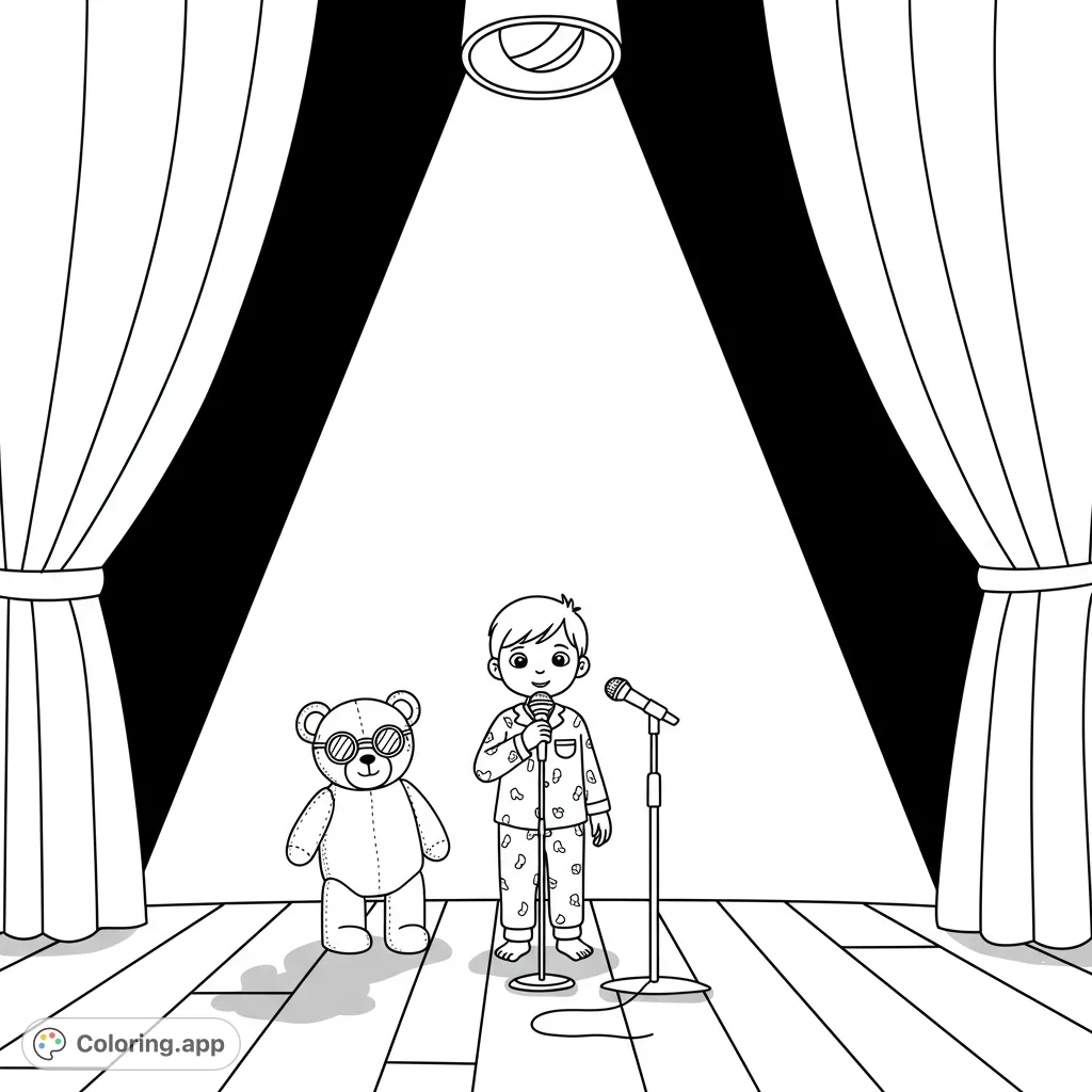 A charming first step on stage coloring page featuring a boy in pajamas with his teddy bear and a microphone under a spotlight. Perfect for young dreamers!