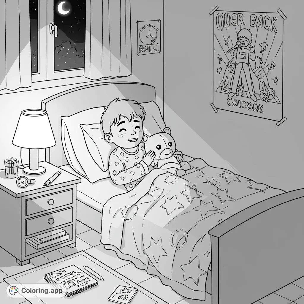 A sweet bedtime scene featuring a boy, his teddy bear, and a room filled with musical dreams. Perfect for a peaceful coloring experience.