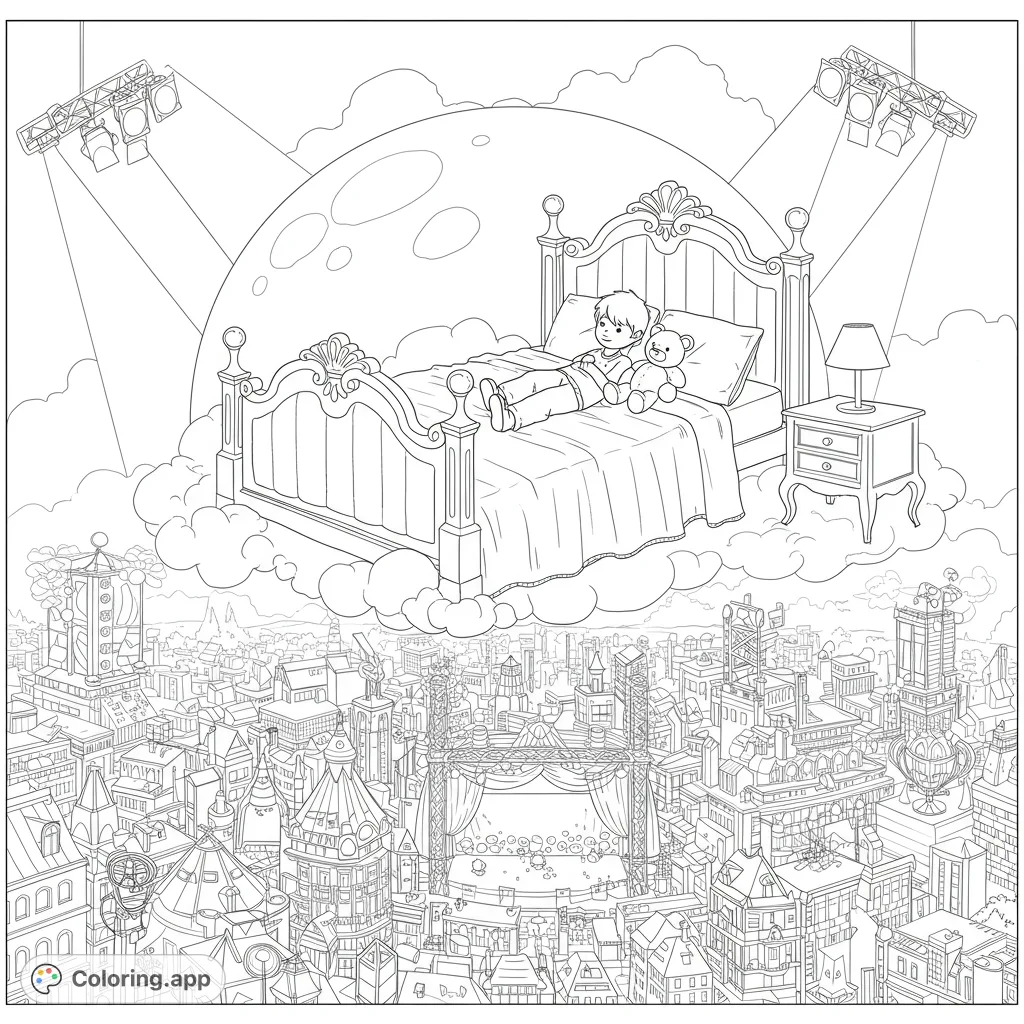 A boy and his teddy bear float on a bed in a cloud-shaped bubble above a city of rooftops, stages, and spotlights, soaring through a whimsical dreamland.