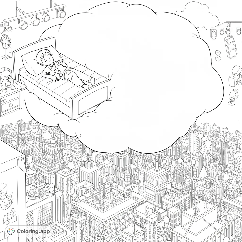 A boy and his teddy bear float on a bed in a cloud bubble above a city, embarking on a serene dreamland journey filled with imaginative details.