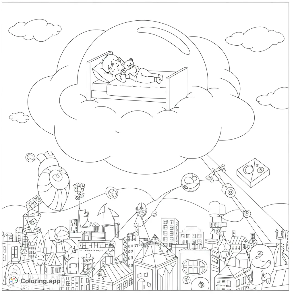 Soar into dreamland with a boy and his teddy bear on a floating bed, drifting above a city of rooftops and stages. A whimsical, free printable coloring page.